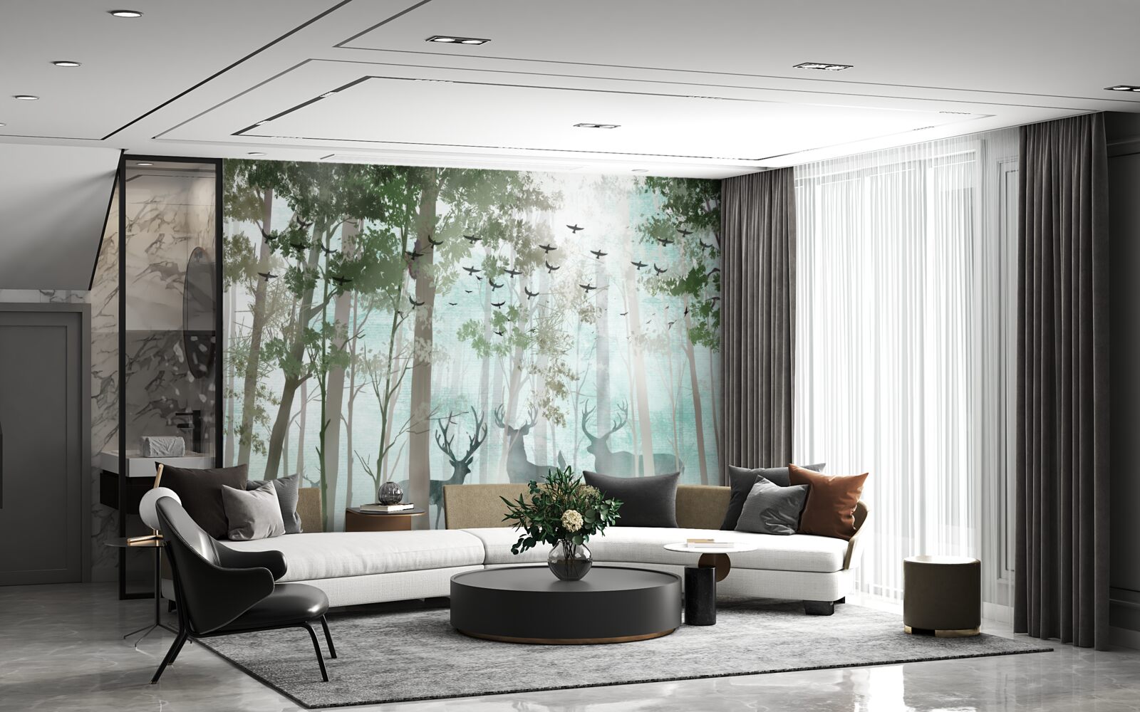 Fototapet un grup de căprioare întâmpină dimineața într-o pădure cețoasă