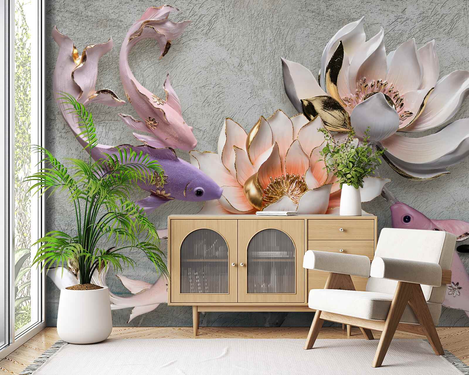 Fototapet flori în apropierea unui lac în care înoată lebedele