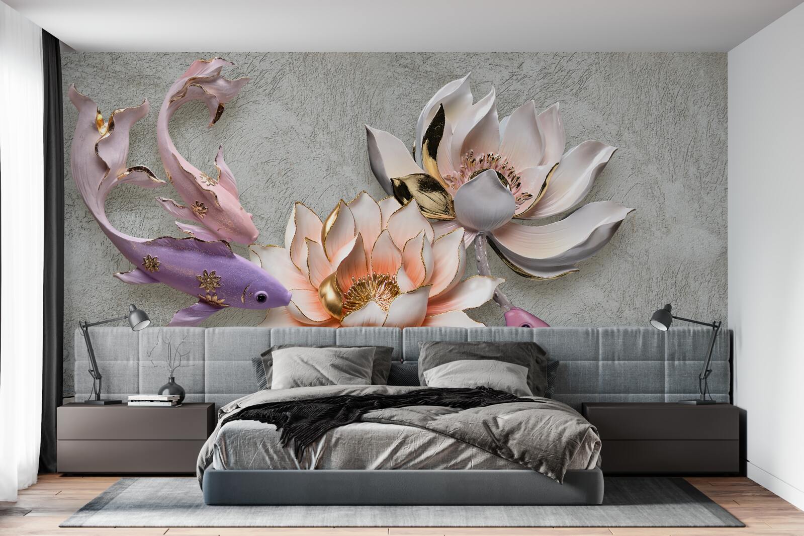 Fototapet flori în apropierea unui lac în care înoată lebedele