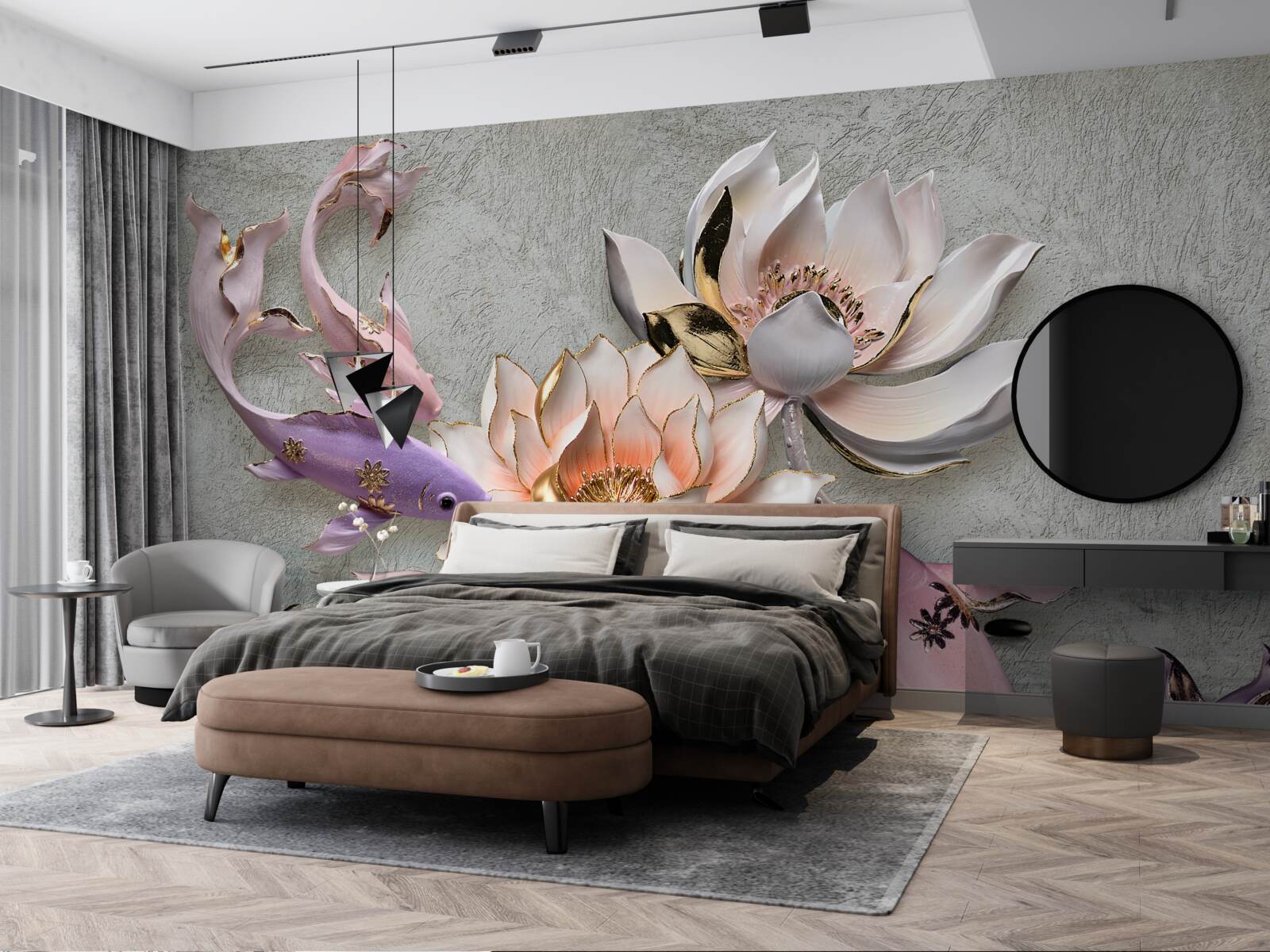 Fototapet flori în apropierea unui lac în care înoată lebedele