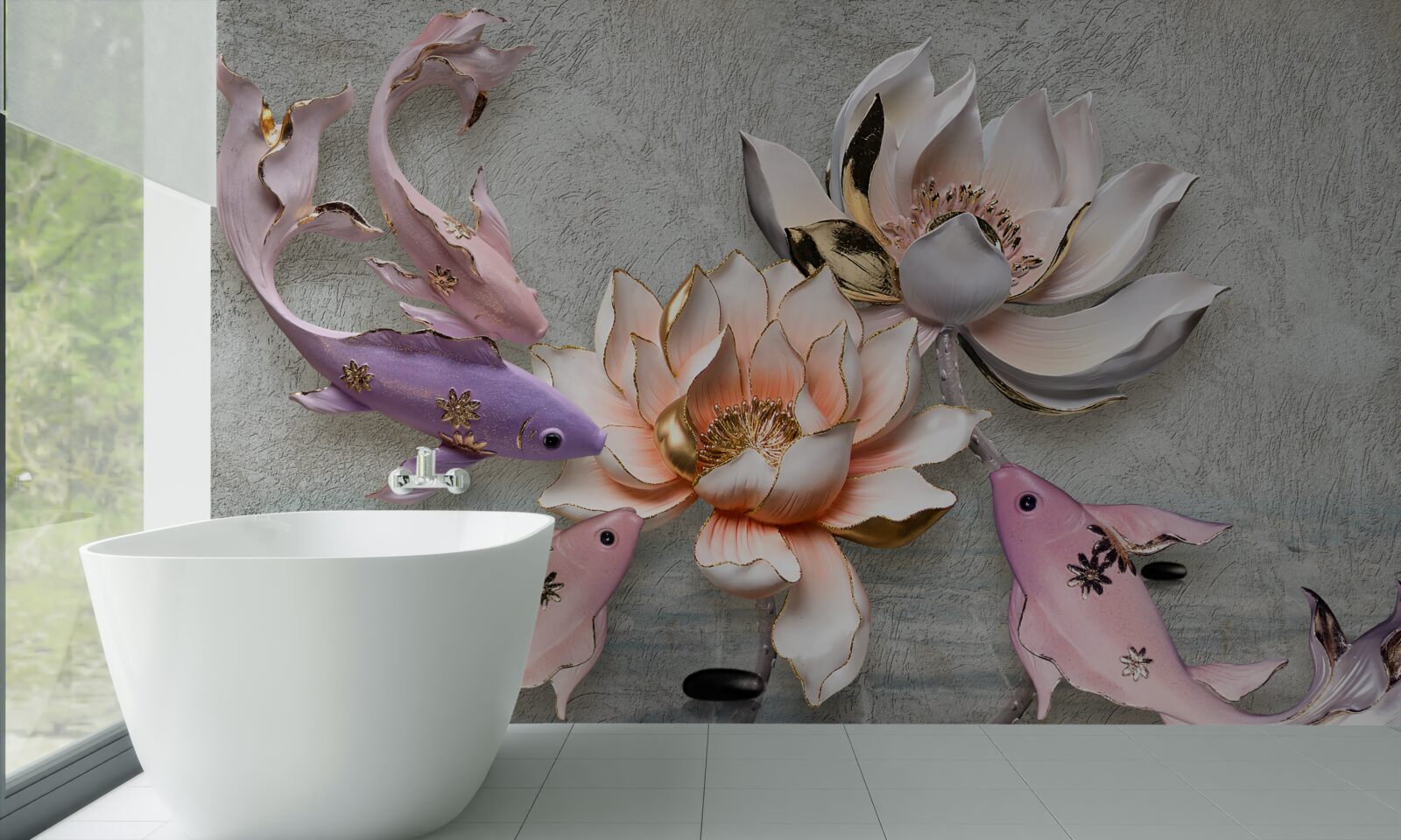 Fototapet flori în apropierea unui lac în care înoată lebedele