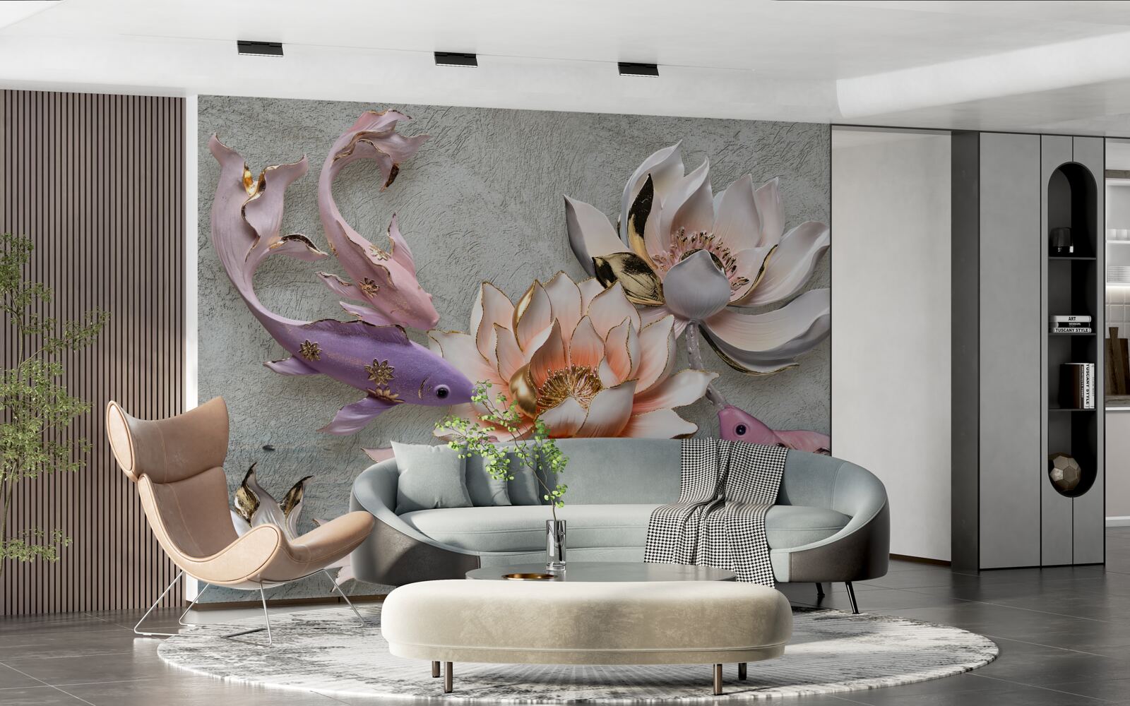 Fototapet flori în apropierea unui lac în care înoată lebedele