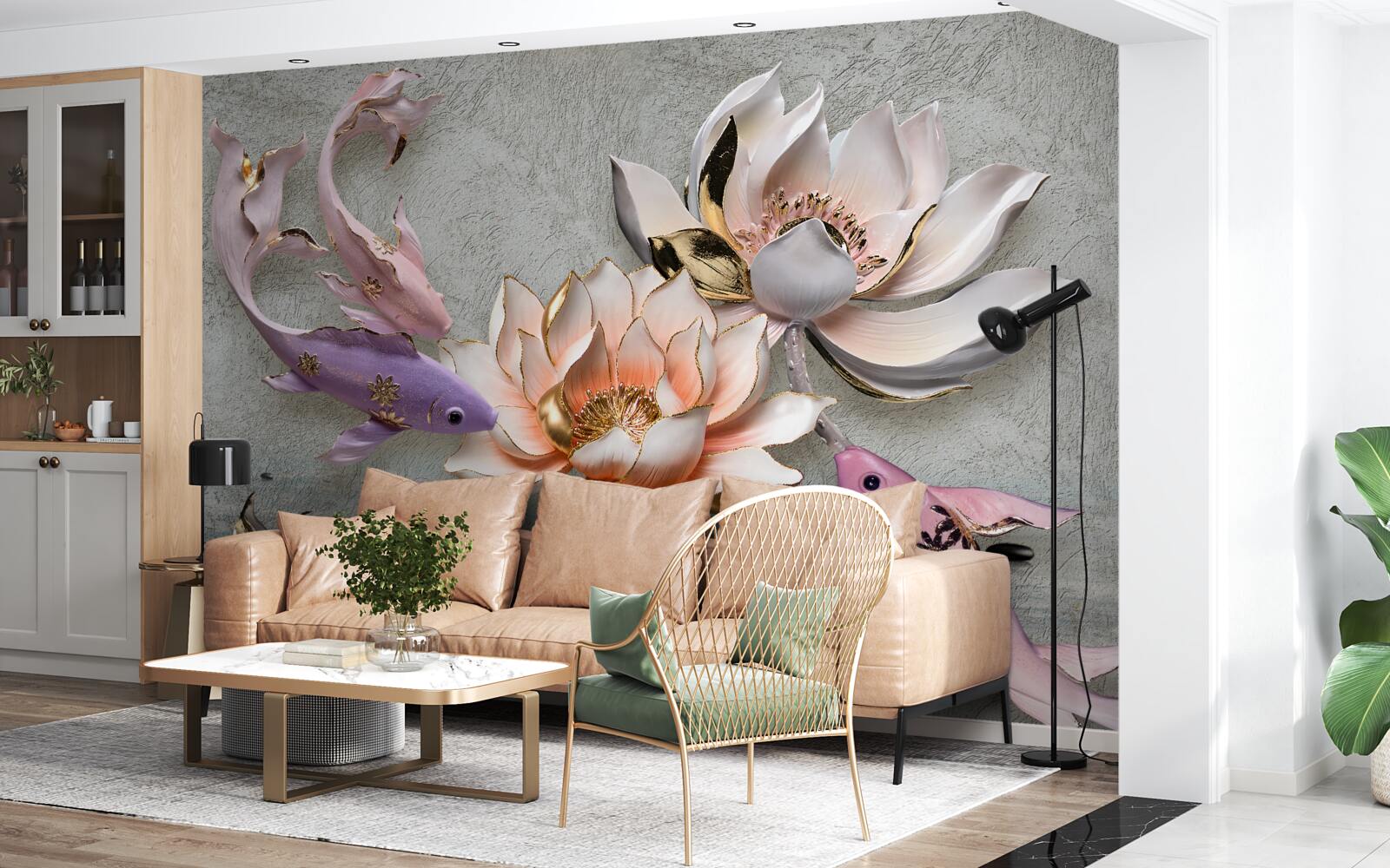 Fototapet flori în apropierea unui lac în care înoată lebedele