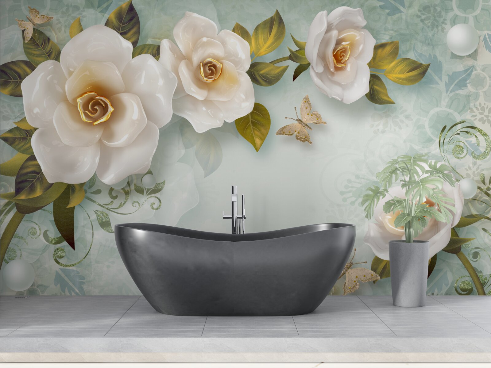 Fototapet trandafiri în lac bej