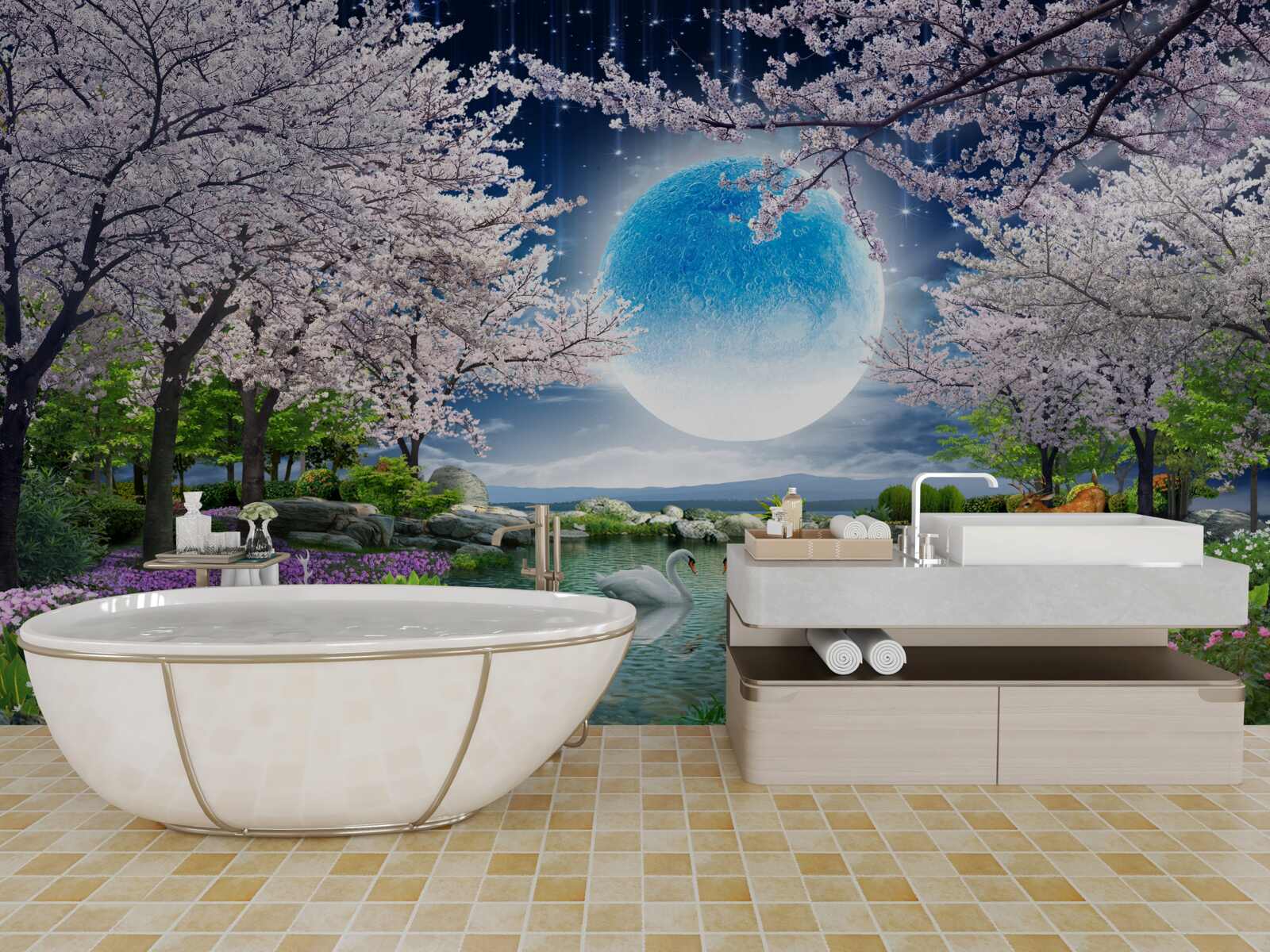 Fototapet pădure magică sub cupola unei luni uriașe