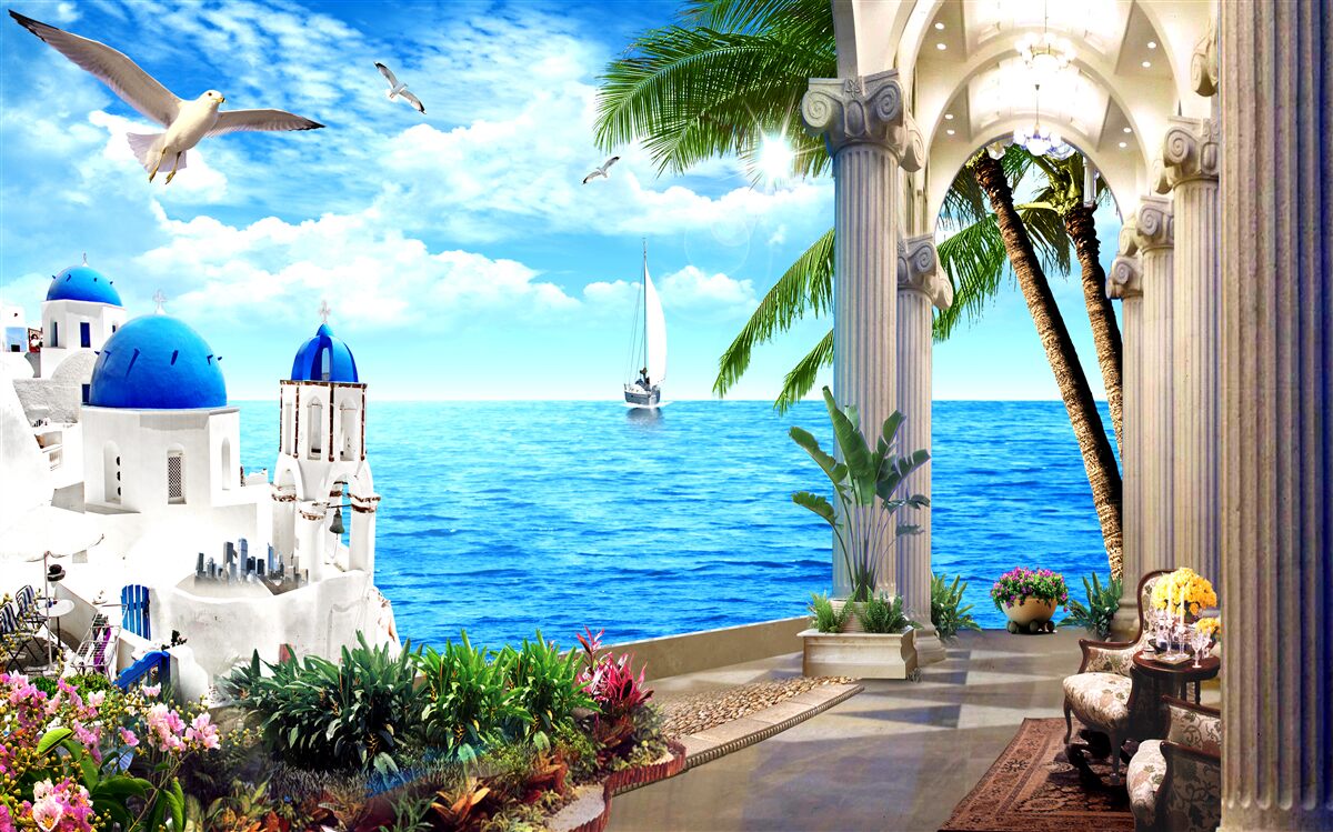 Fototapet Colonadă grecească care duce la mare