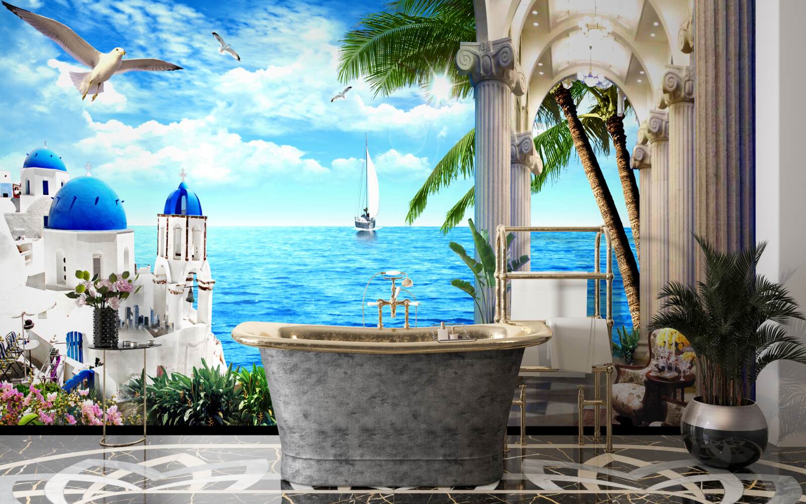 Fototapet Colonadă grecească care duce la mare