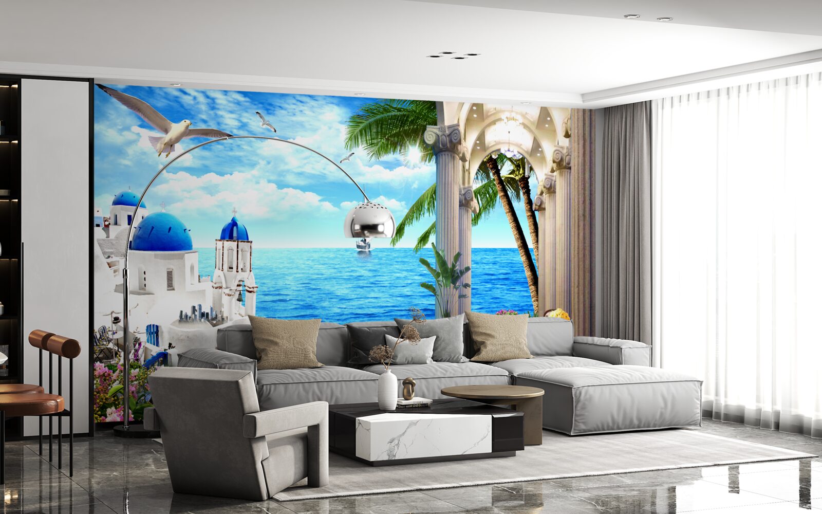 Fototapet Colonadă grecească care duce la mare