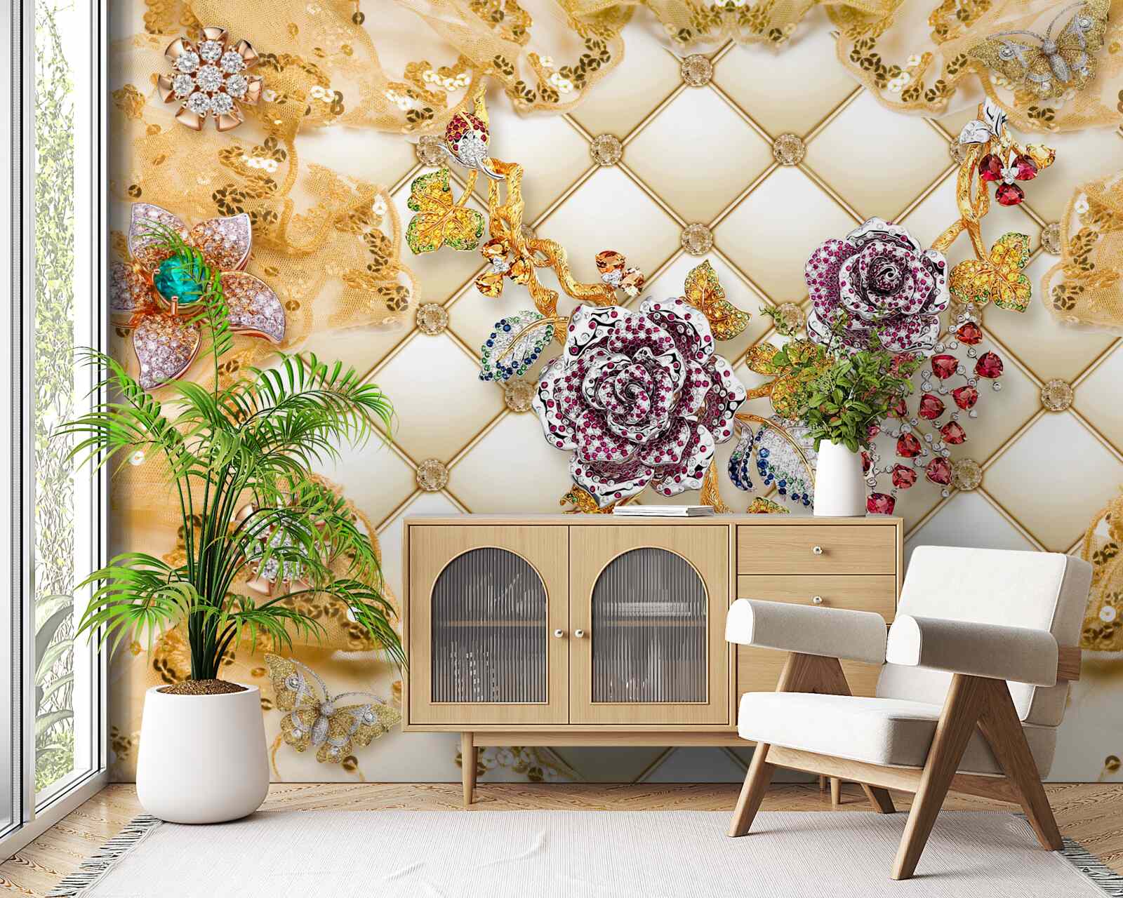 Fototapet flori de toamnă din aur și piatră