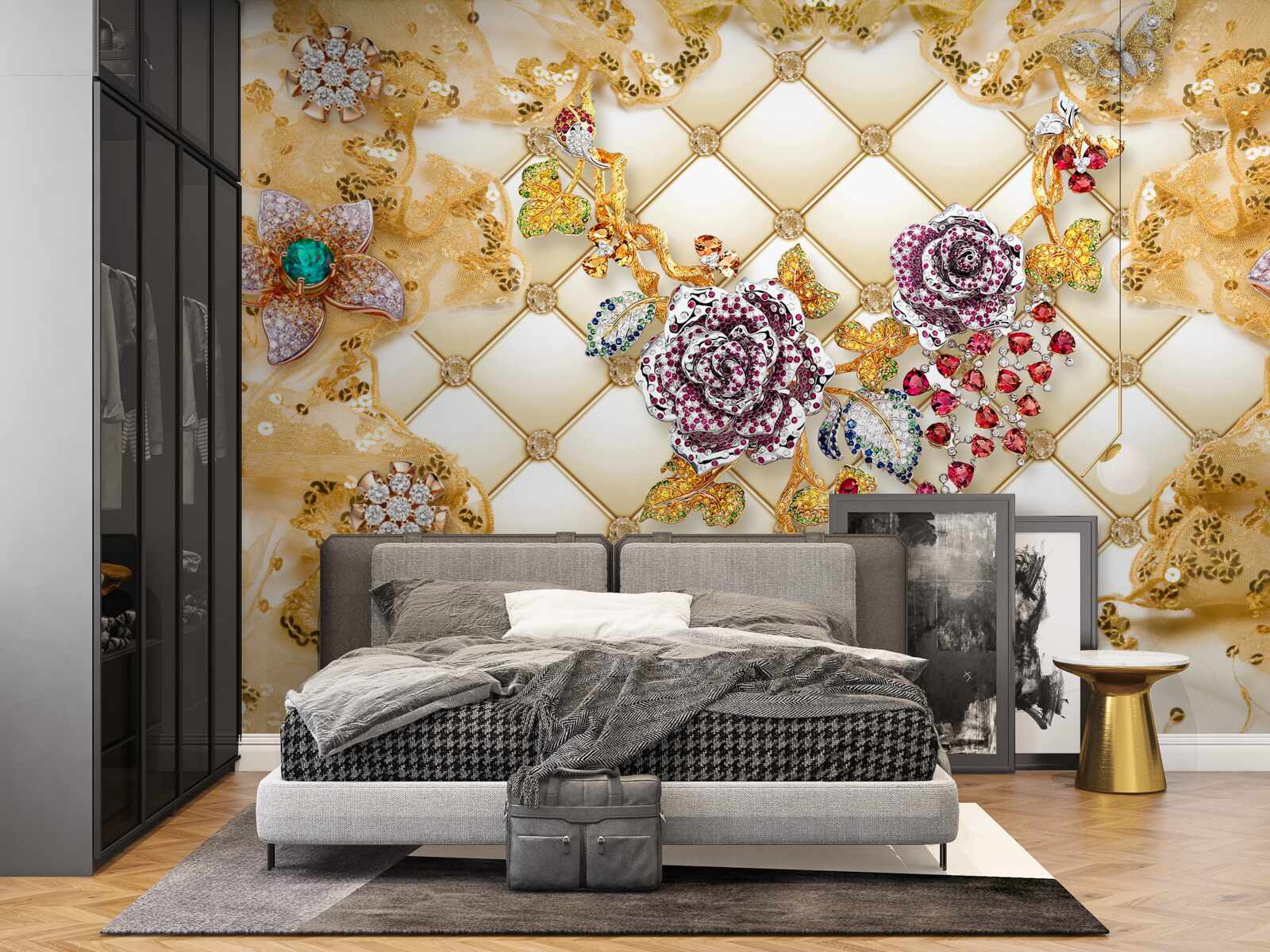 Fototapet flori de toamnă din aur și piatră