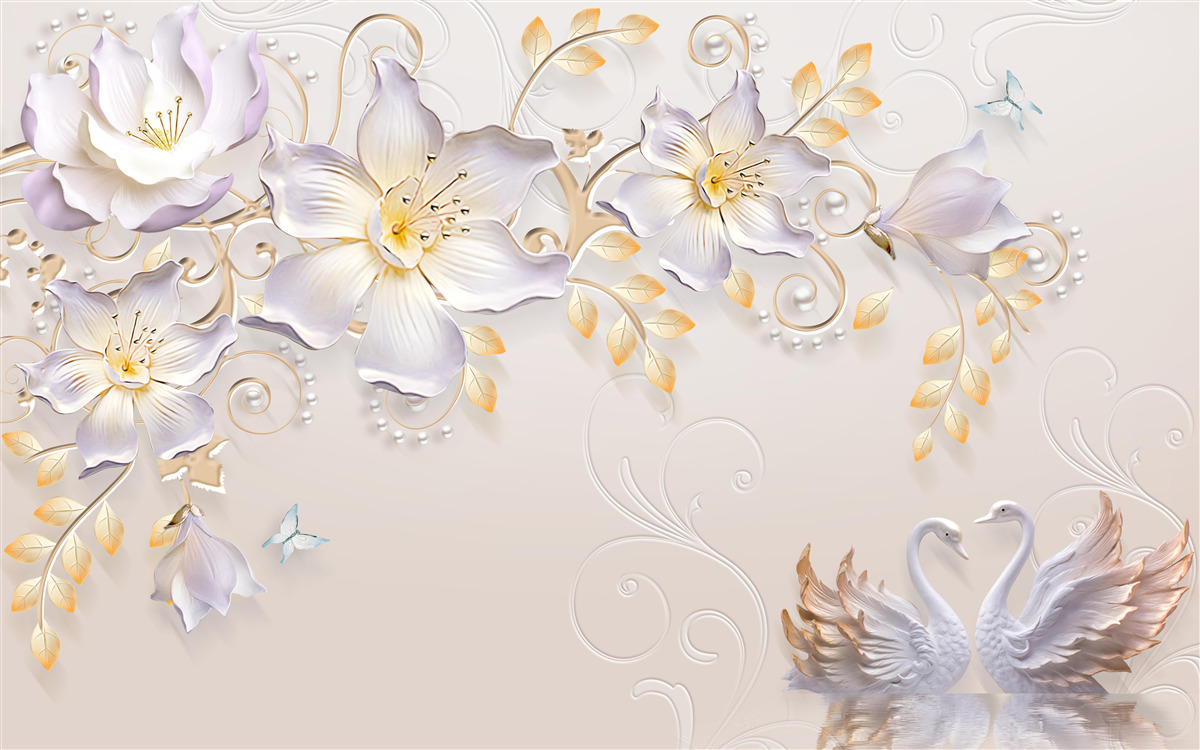 Fototapet Lebede albe ca zăpada și muguri de lumină