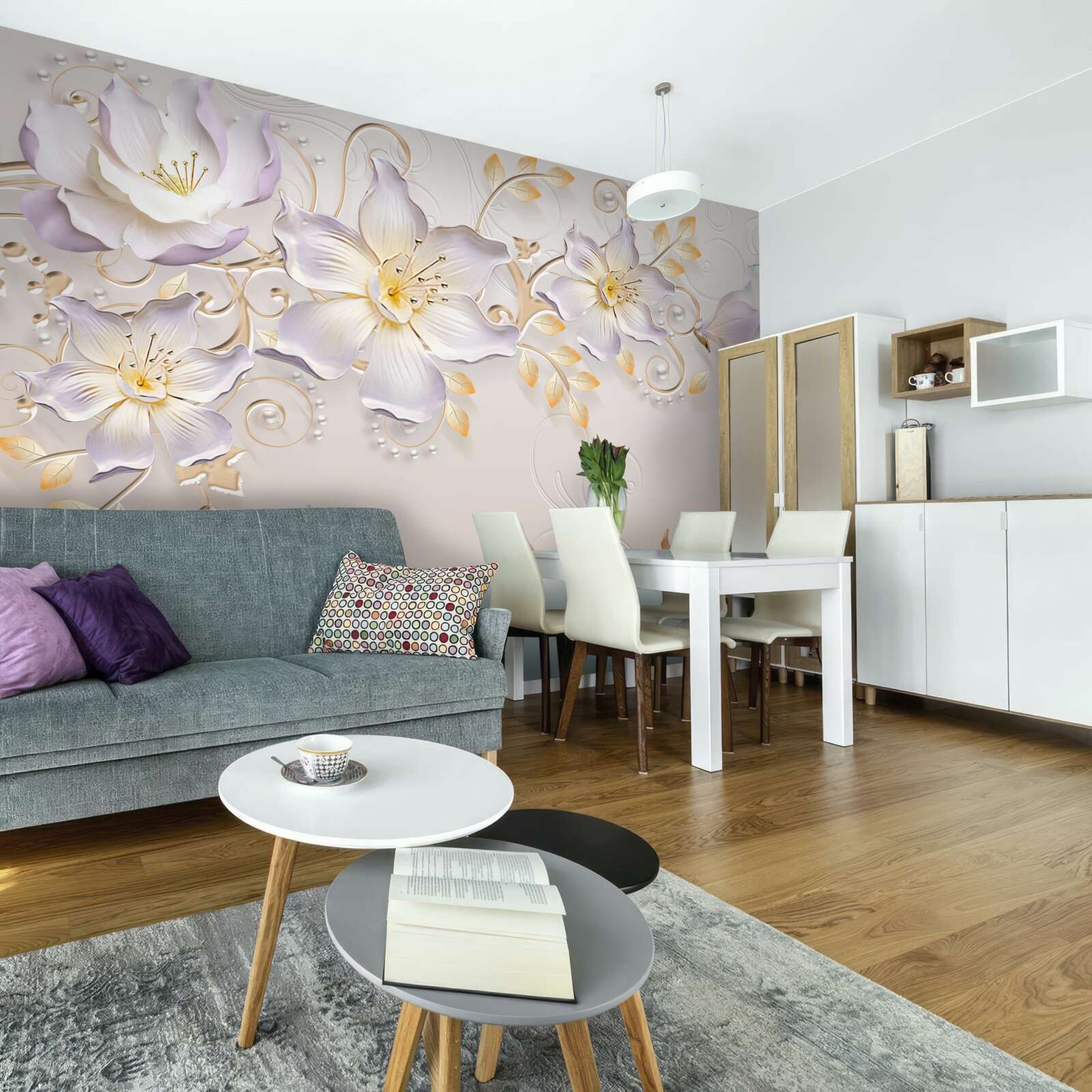 Fototapet Lebede albe ca zăpada și muguri de lumină