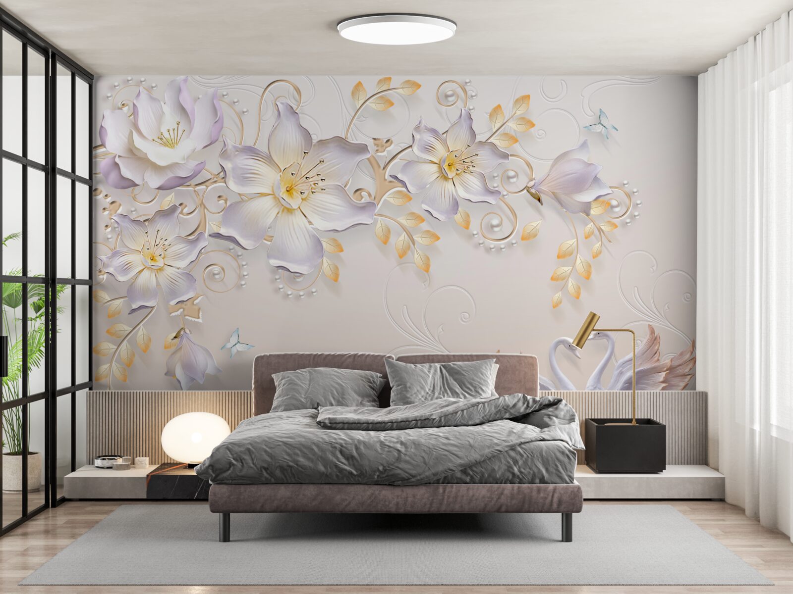 Fototapet Lebede albe ca zăpada și muguri de lumină