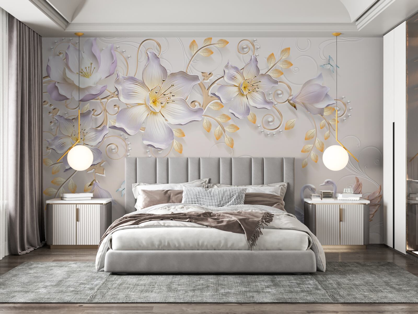 Fototapet Lebede albe ca zăpada și muguri de lumină