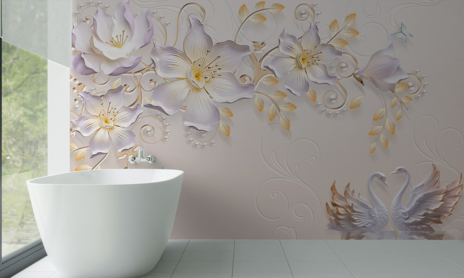 Fototapet Lebede albe ca zăpada și muguri de lumină