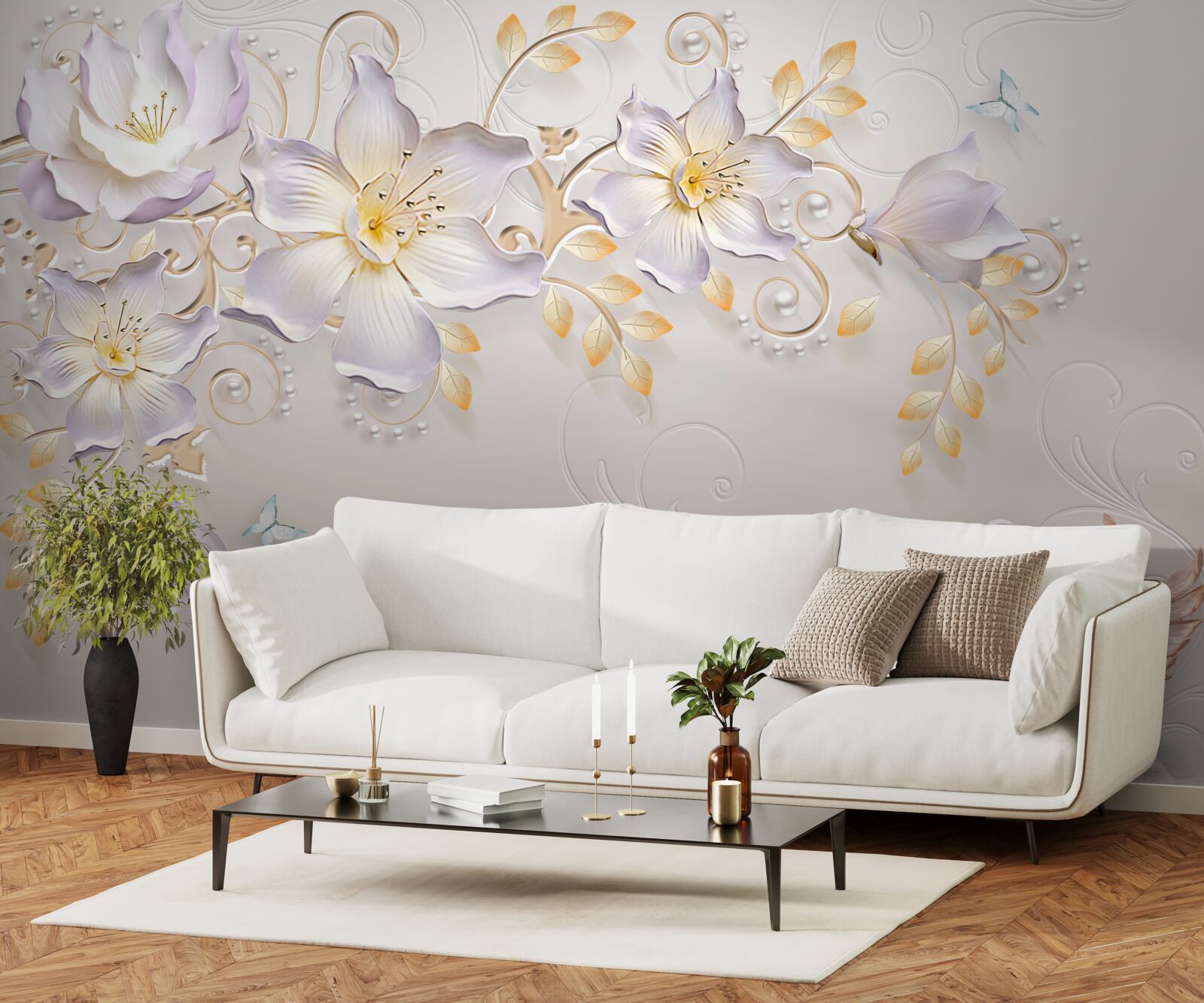 Fototapet Lebede albe ca zăpada și muguri de lumină