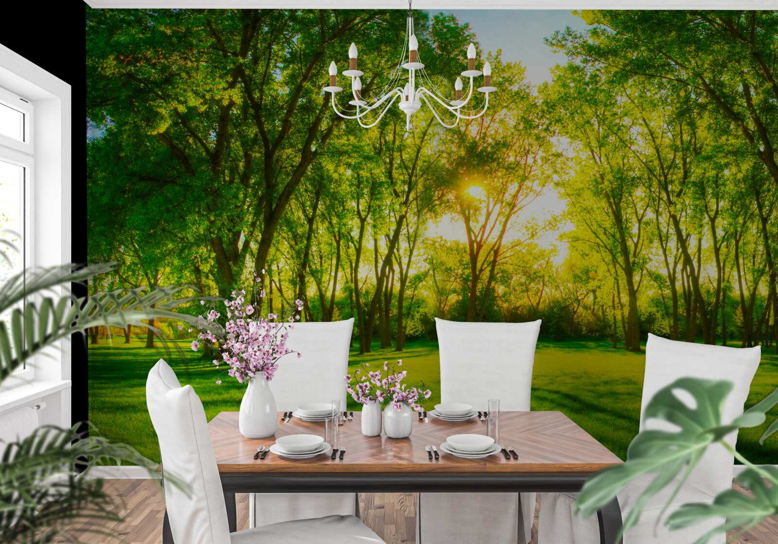 Fototapet în paleta luminoasă a unei păduri verzi de dimineață