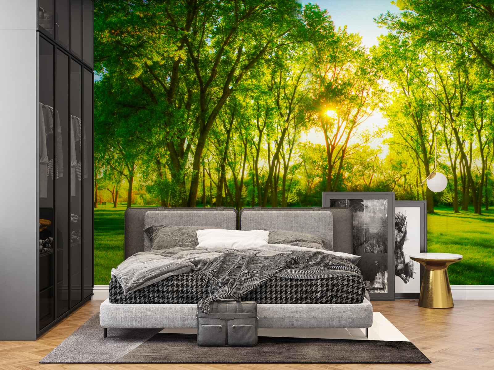 Fototapet în paleta luminoasă a unei păduri verzi de dimineață