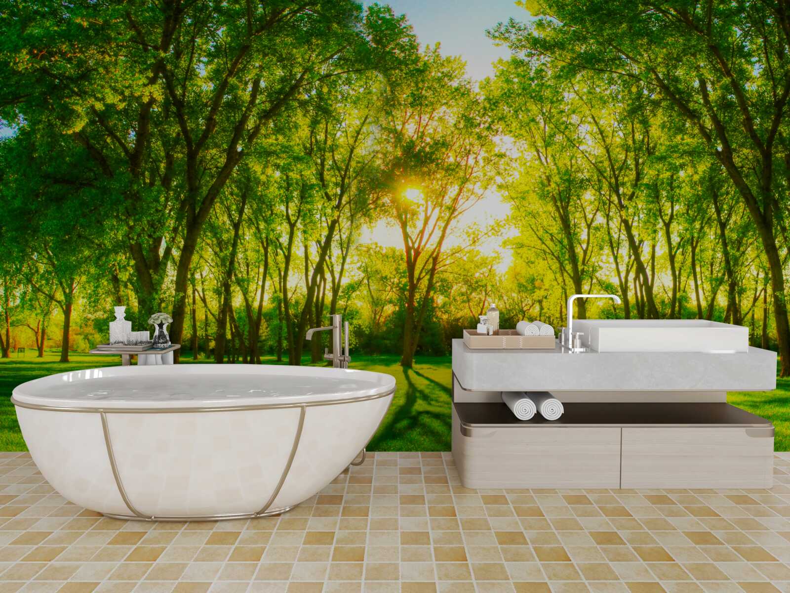 Fototapet în paleta luminoasă a unei păduri verzi de dimineață