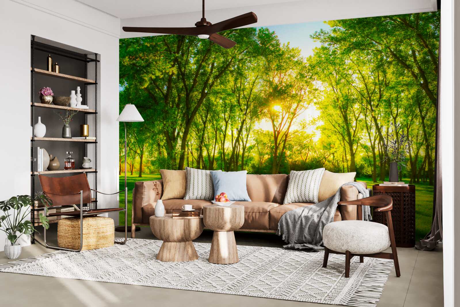 Fototapet în paleta luminoasă a unei păduri verzi de dimineață