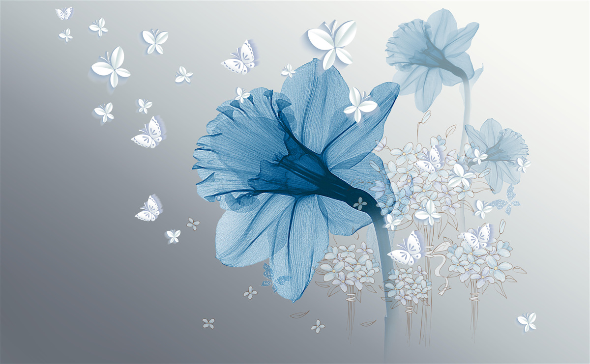Fototapet florile albastre sunt înconjurate de fluturi albi