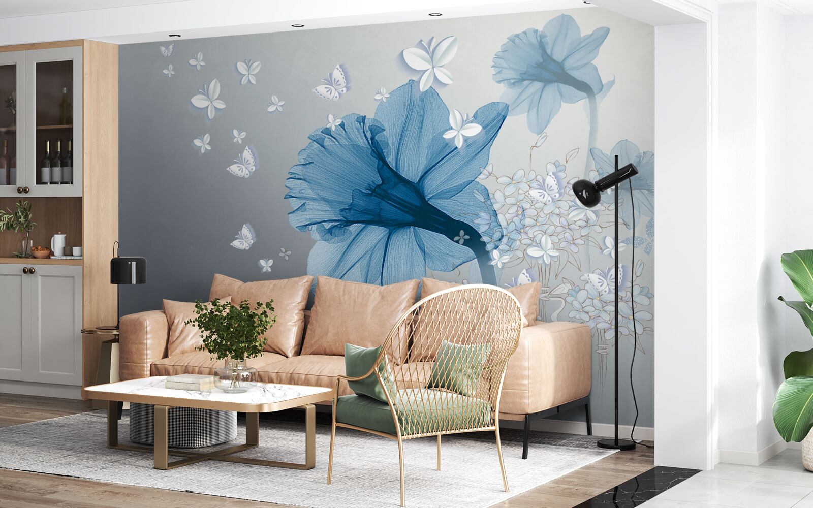 Fototapet florile albastre sunt înconjurate de fluturi albi