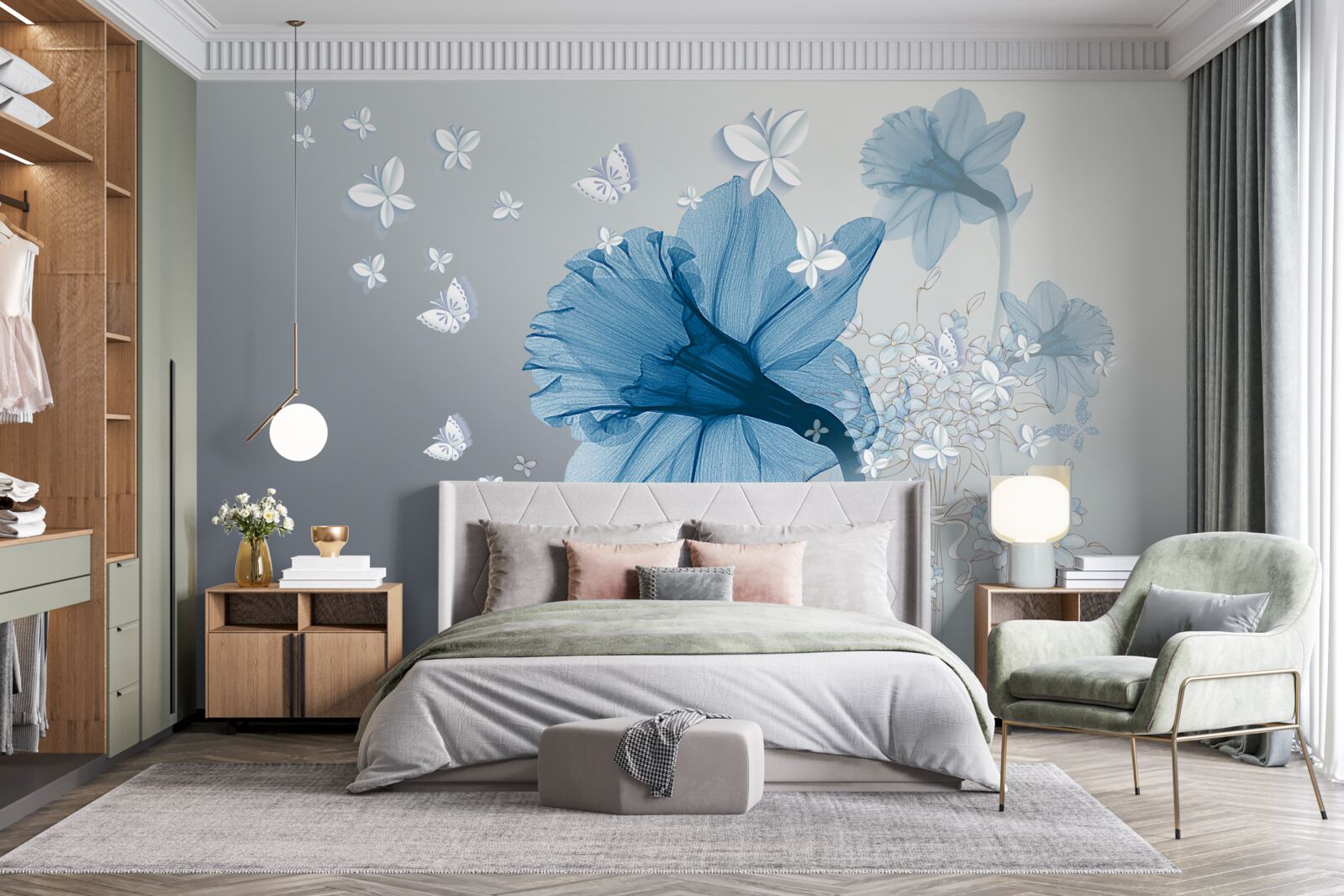 Fototapet florile albastre sunt înconjurate de fluturi albi