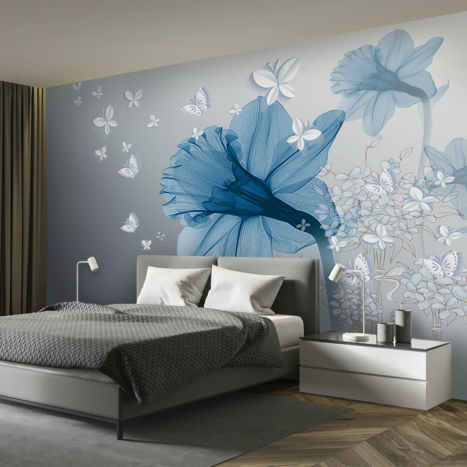 Fototapet florile albastre sunt înconjurate de fluturi albi