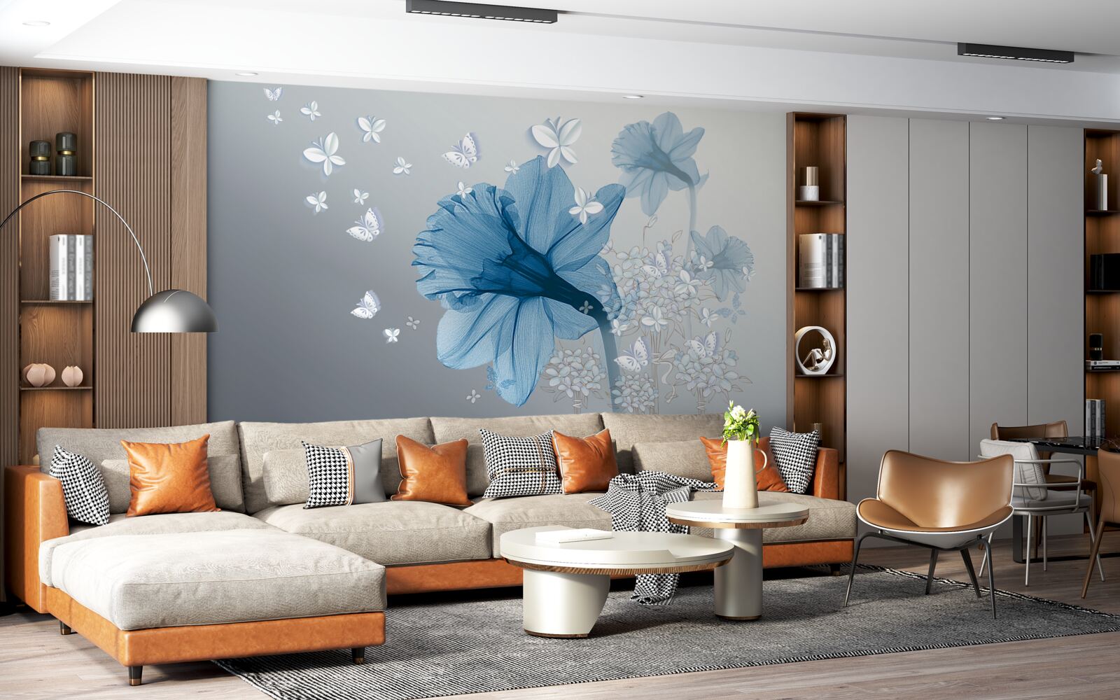 Fototapet florile albastre sunt înconjurate de fluturi albi