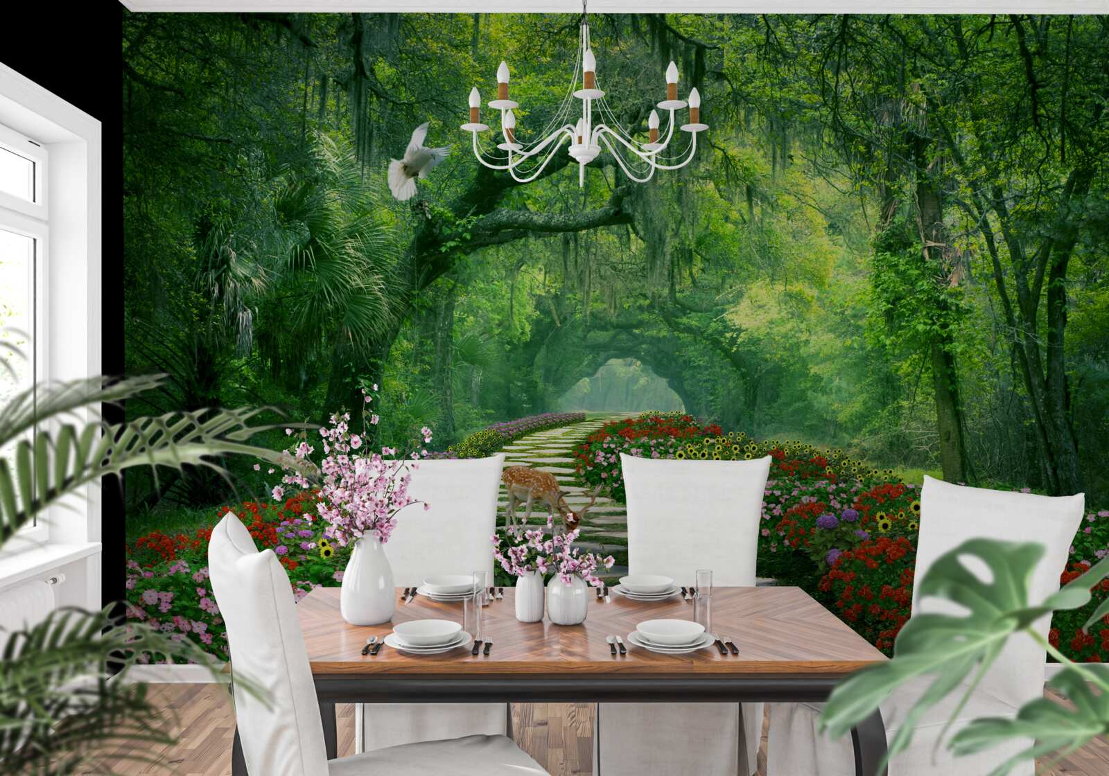 Fototapet o cărare tropicală plină de culoare, presărată cu flori, prin pădure