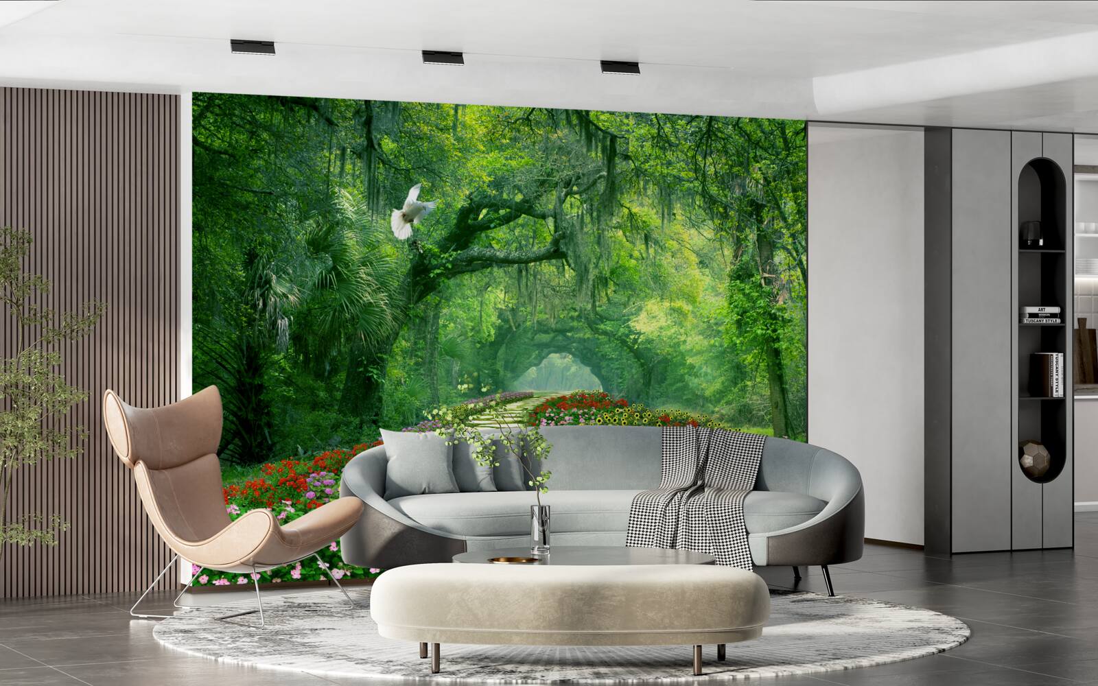 Fototapet o cărare tropicală plină de culoare, presărată cu flori, prin pădure