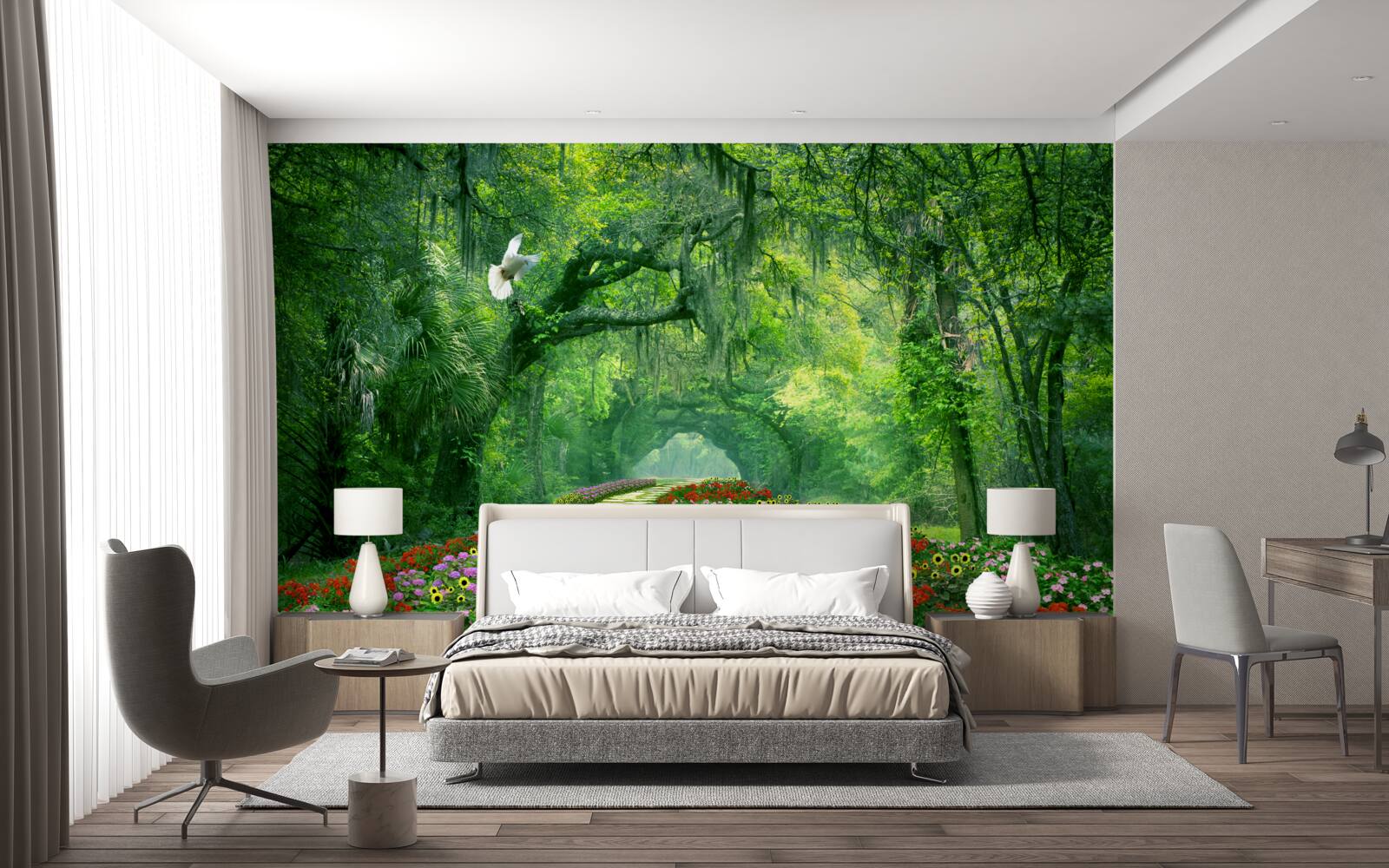 Fototapet o cărare tropicală plină de culoare, presărată cu flori, prin pădure