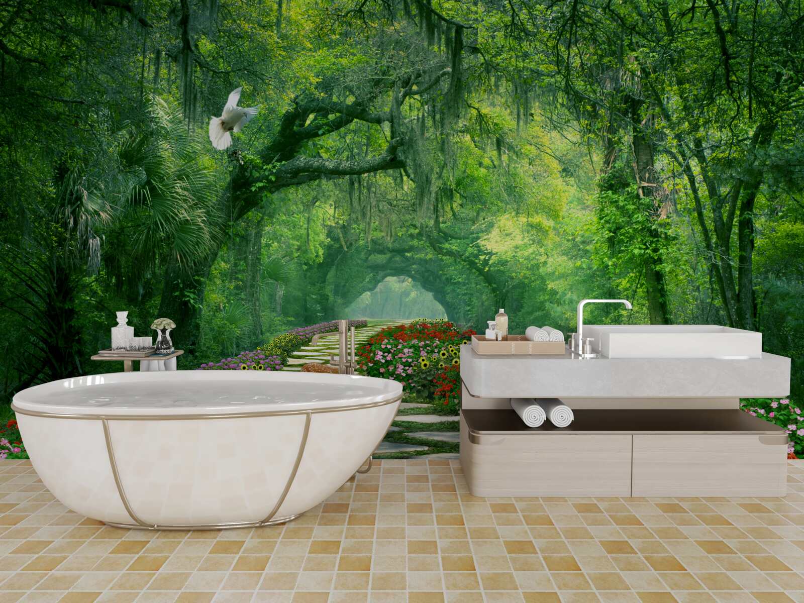 Fototapet o cărare tropicală plină de culoare, presărată cu flori, prin pădure