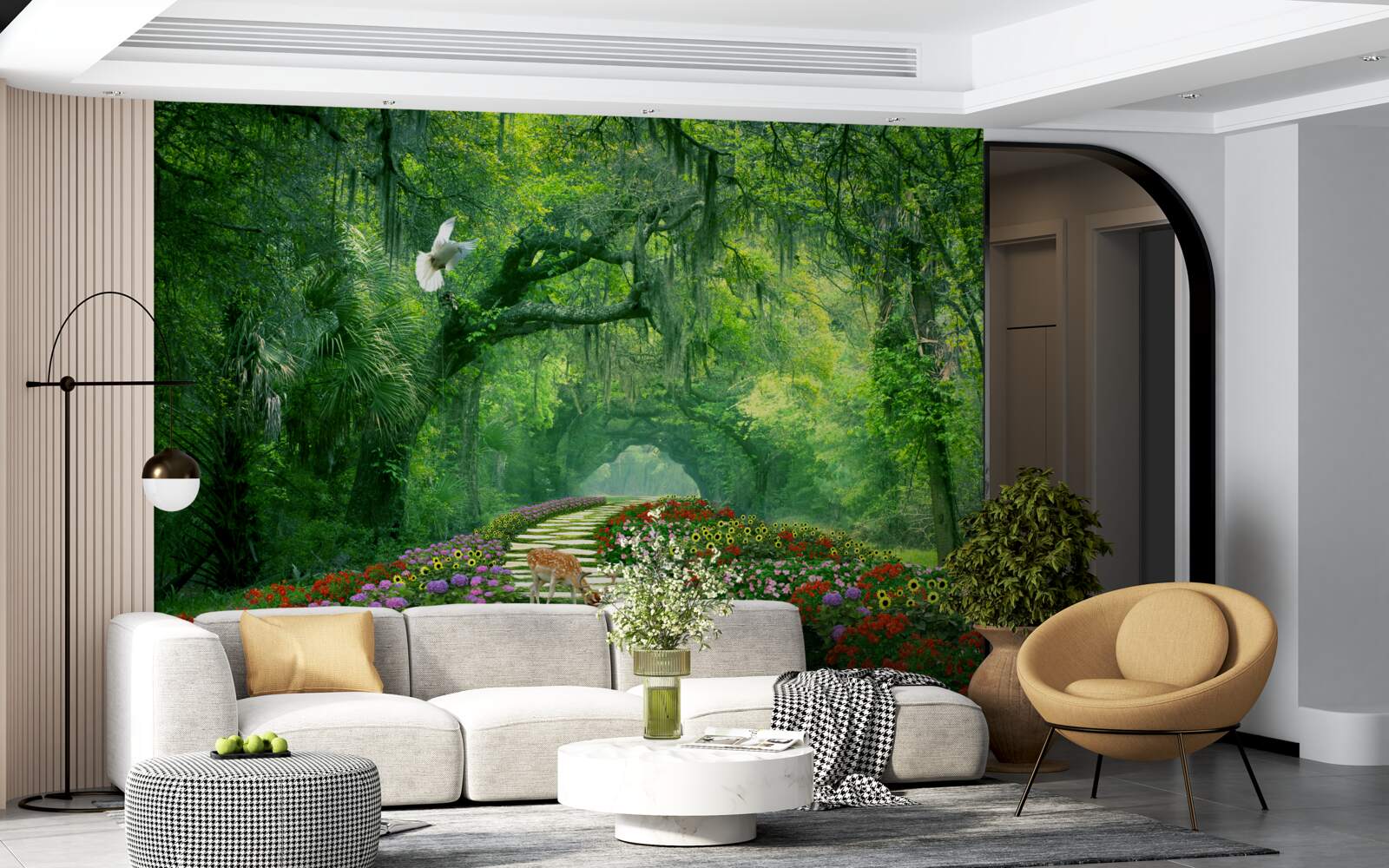 Fototapet o cărare tropicală plină de culoare, presărată cu flori, prin pădure