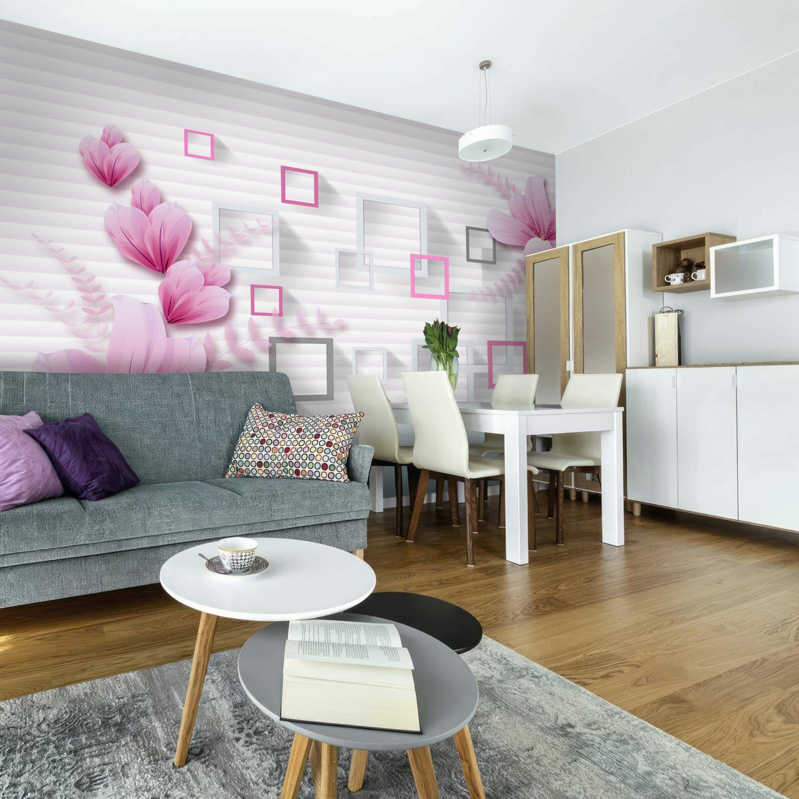 Fototapet pătrate și flori de liliac pe cărămidă albă ca zăpada