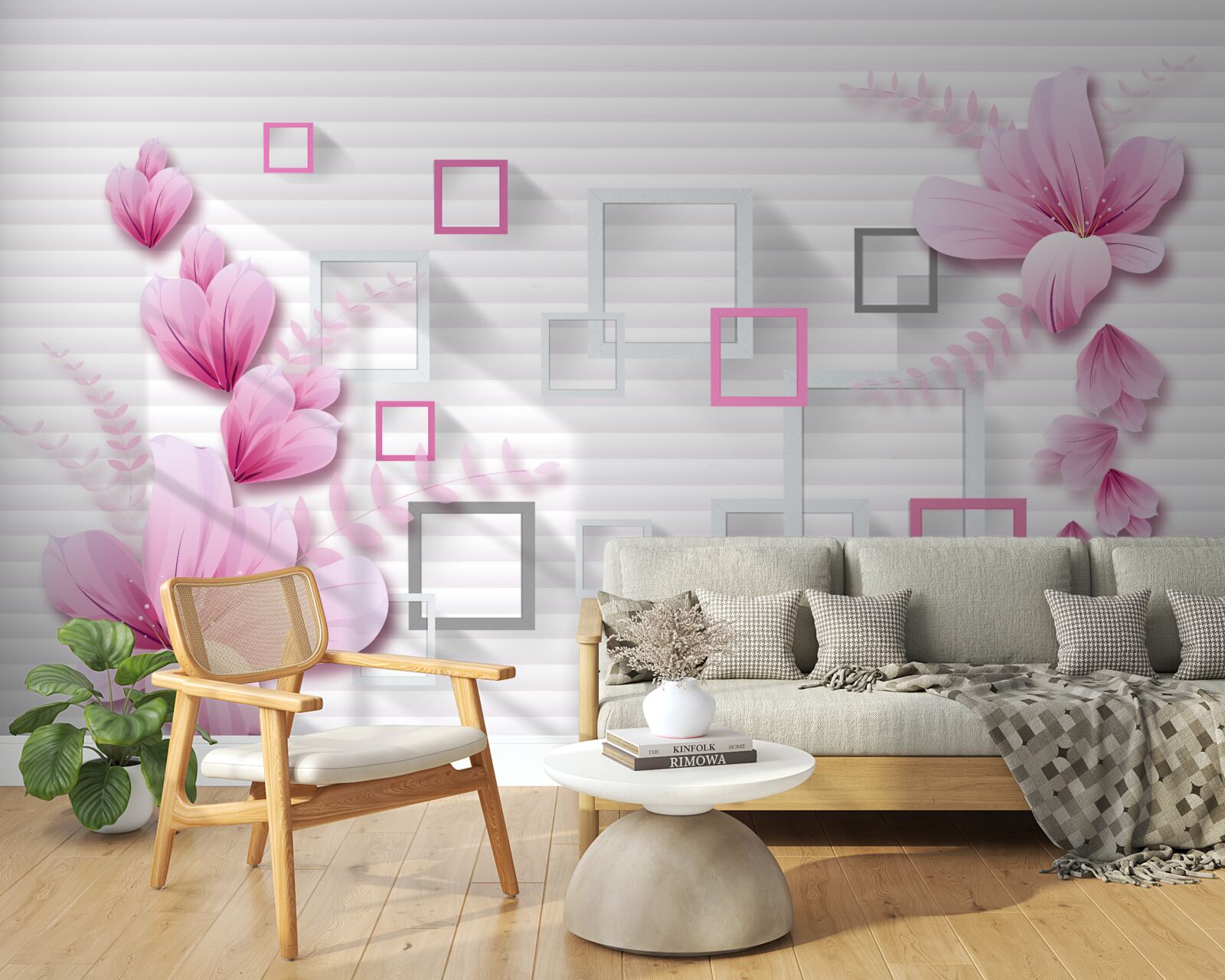 Fototapet pătrate și flori de liliac pe cărămidă albă ca zăpada