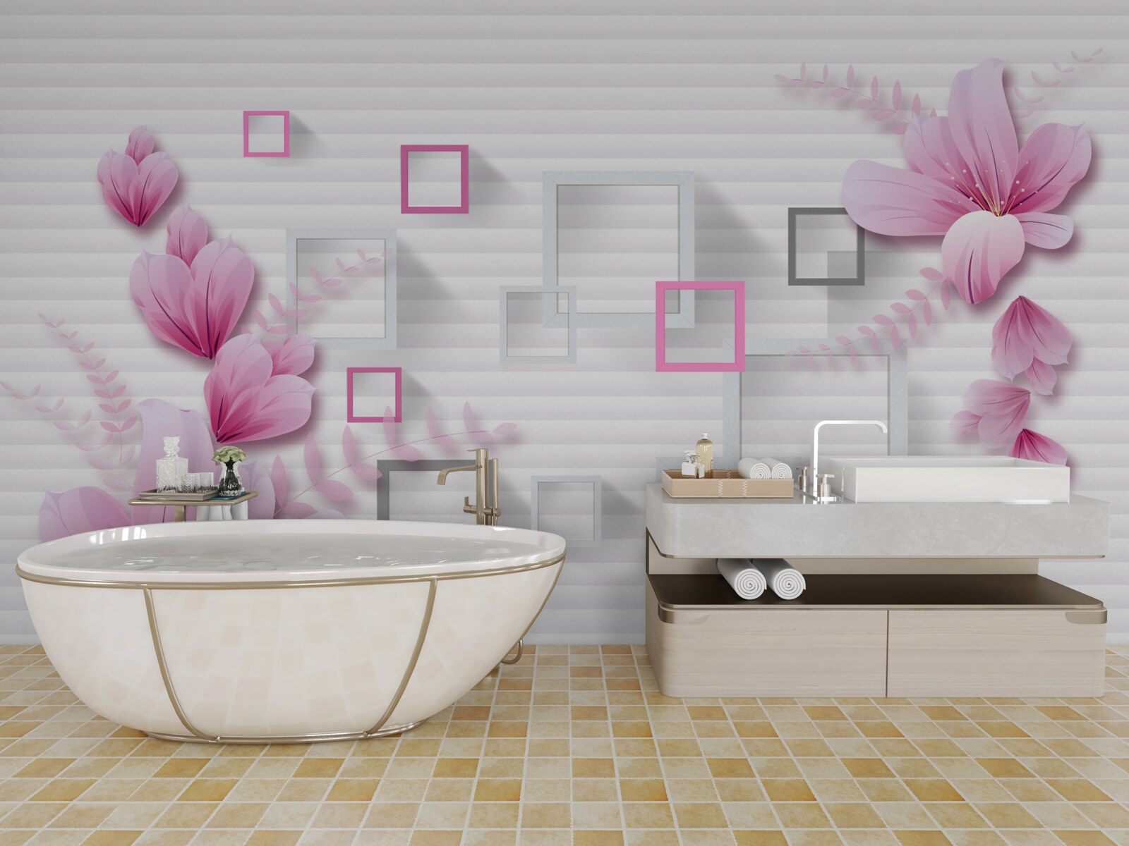 Fototapet pătrate și flori de liliac pe cărămidă albă ca zăpada