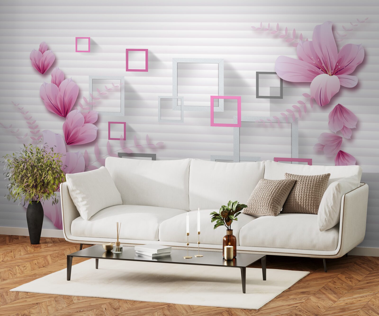 Fototapet pătrate și flori de liliac pe cărămidă albă ca zăpada