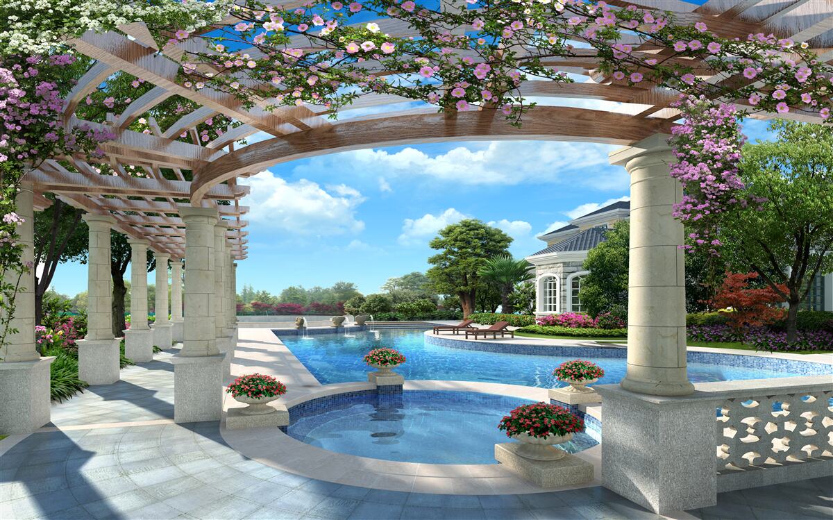 Fototapet piscină cu un arc lângă casă