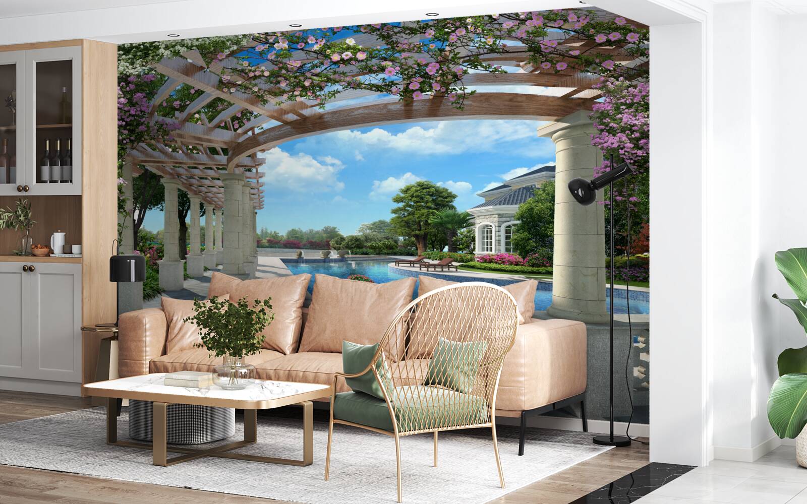 Fototapet piscină cu un arc lângă casă