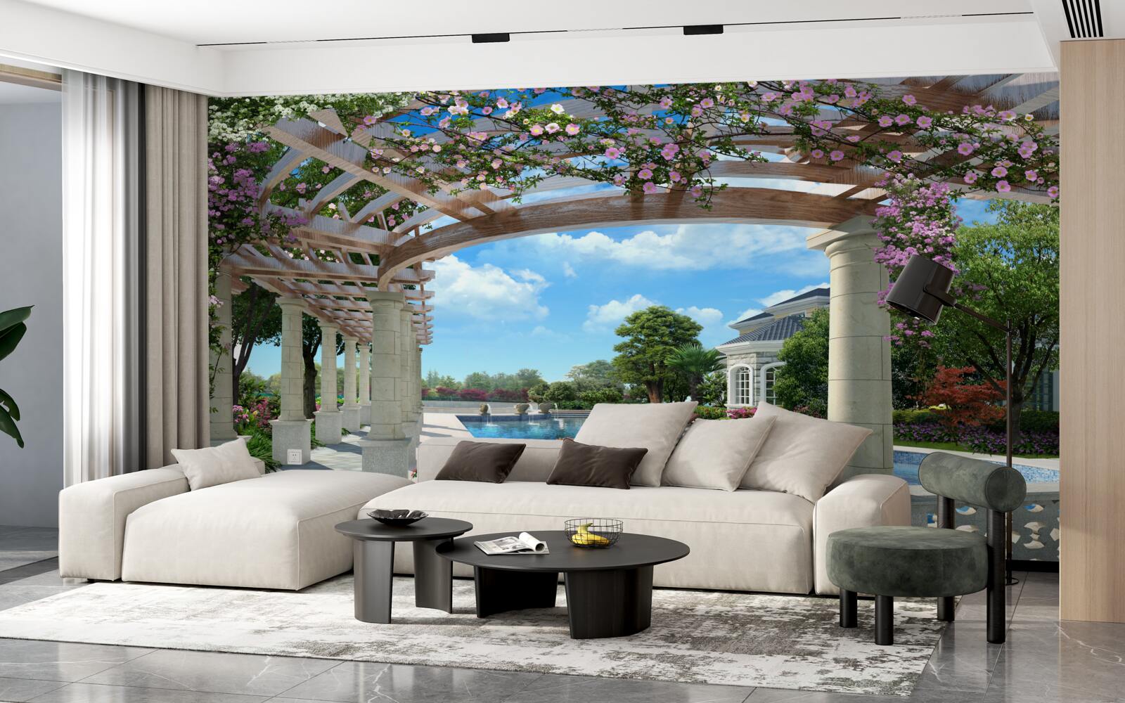 Fototapet piscină cu un arc lângă casă