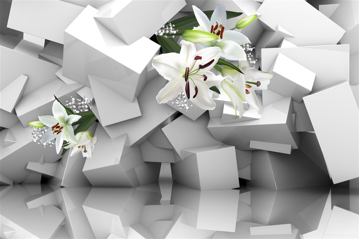 Fototapet fundal geometric decorat cu muguri de crin alb