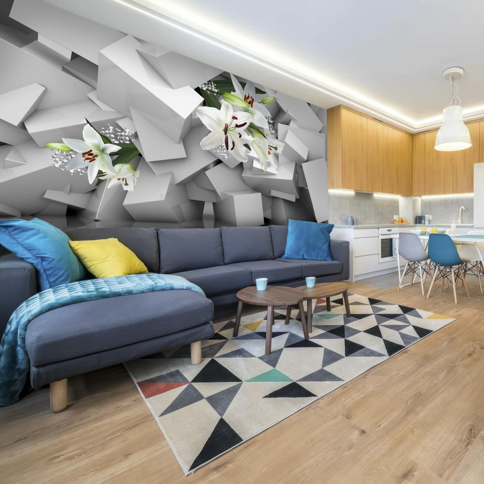 Fototapet fundal geometric decorat cu muguri de crin alb