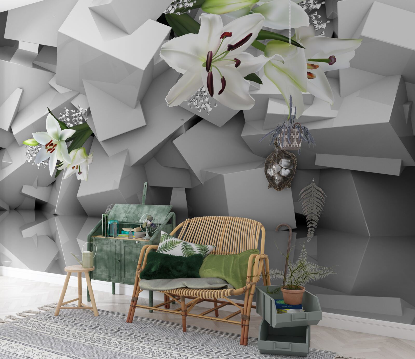 Fototapet fundal geometric decorat cu muguri de crin alb