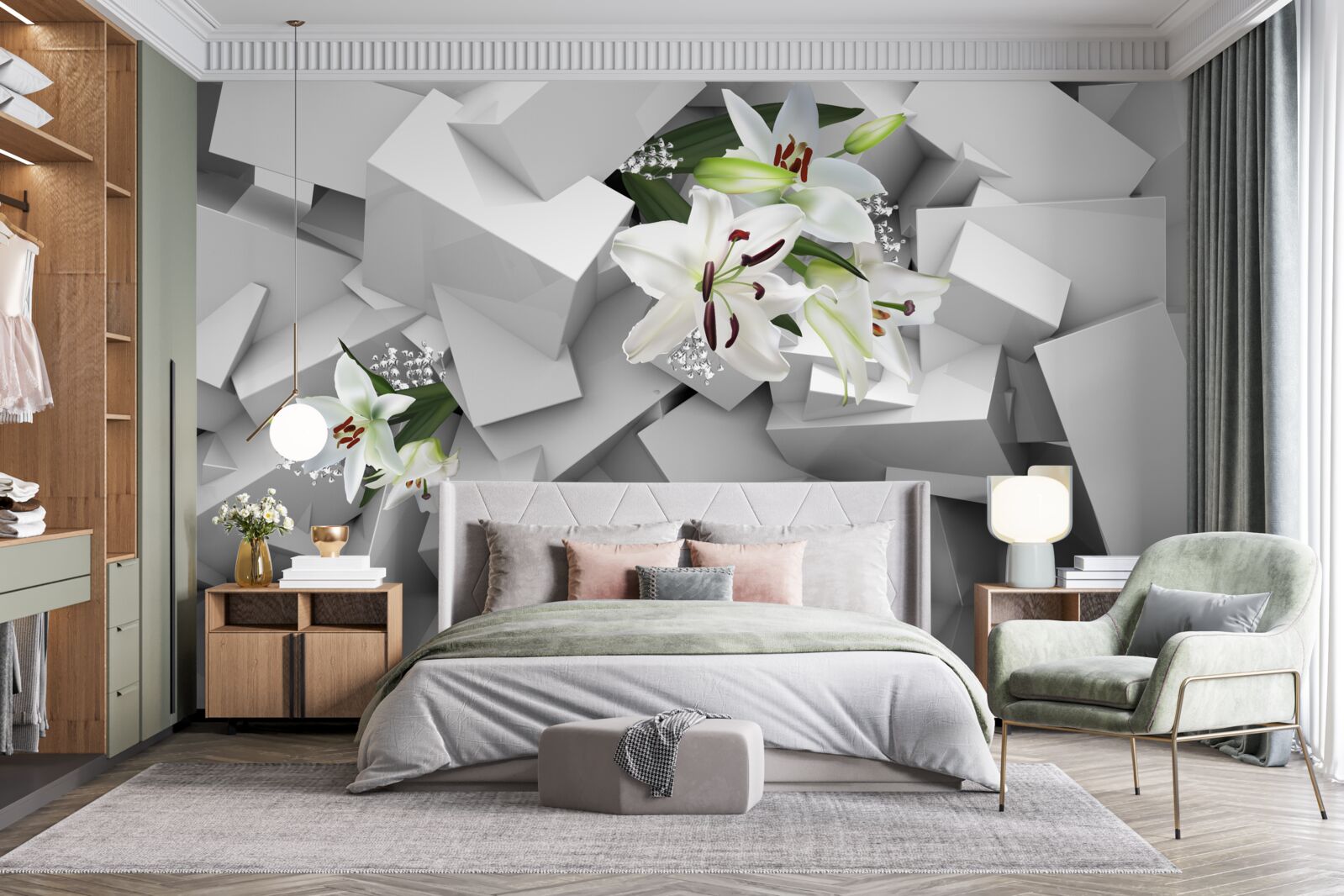 Fototapet fundal geometric decorat cu muguri de crin alb