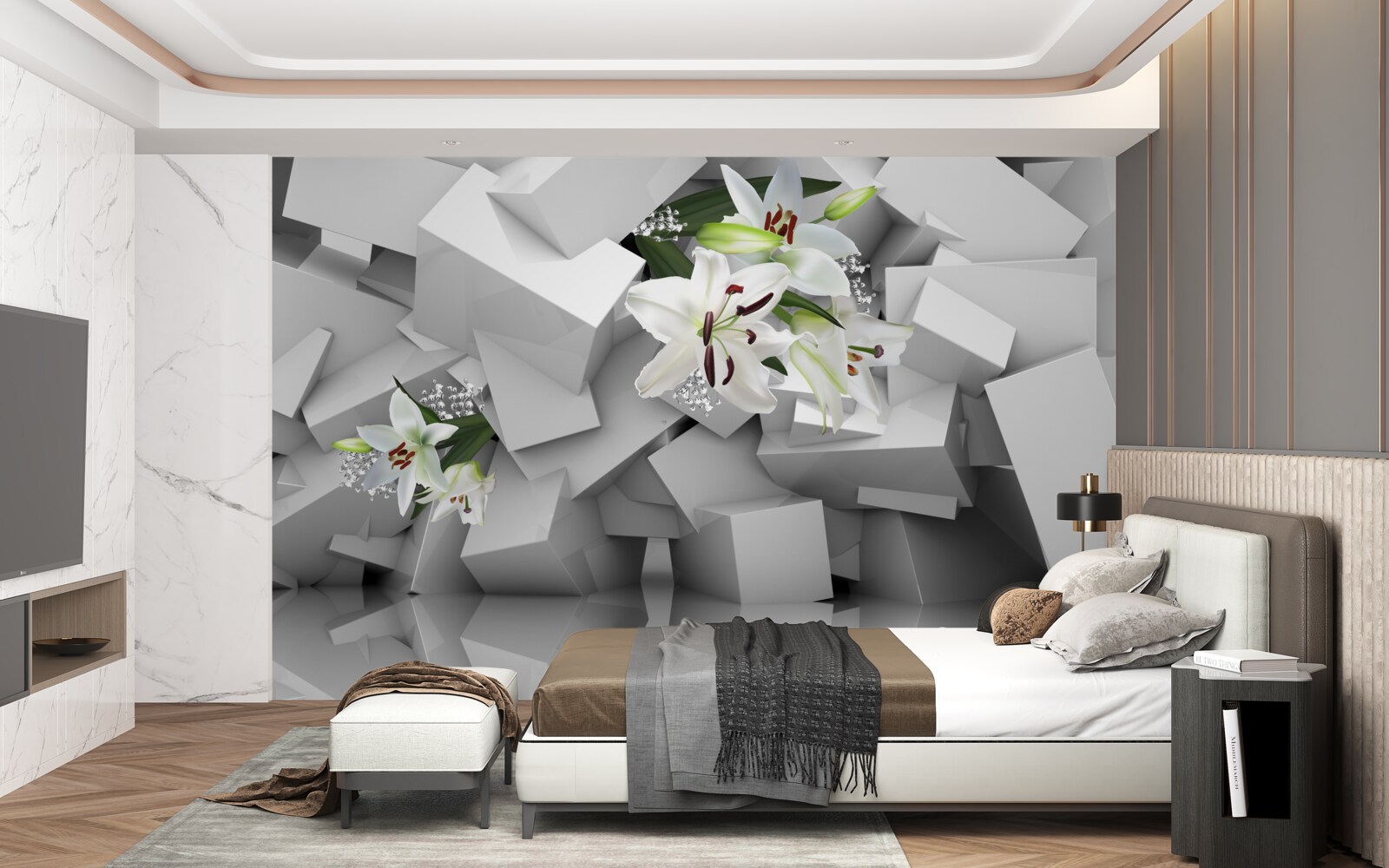 Fototapet fundal geometric decorat cu muguri de crin alb