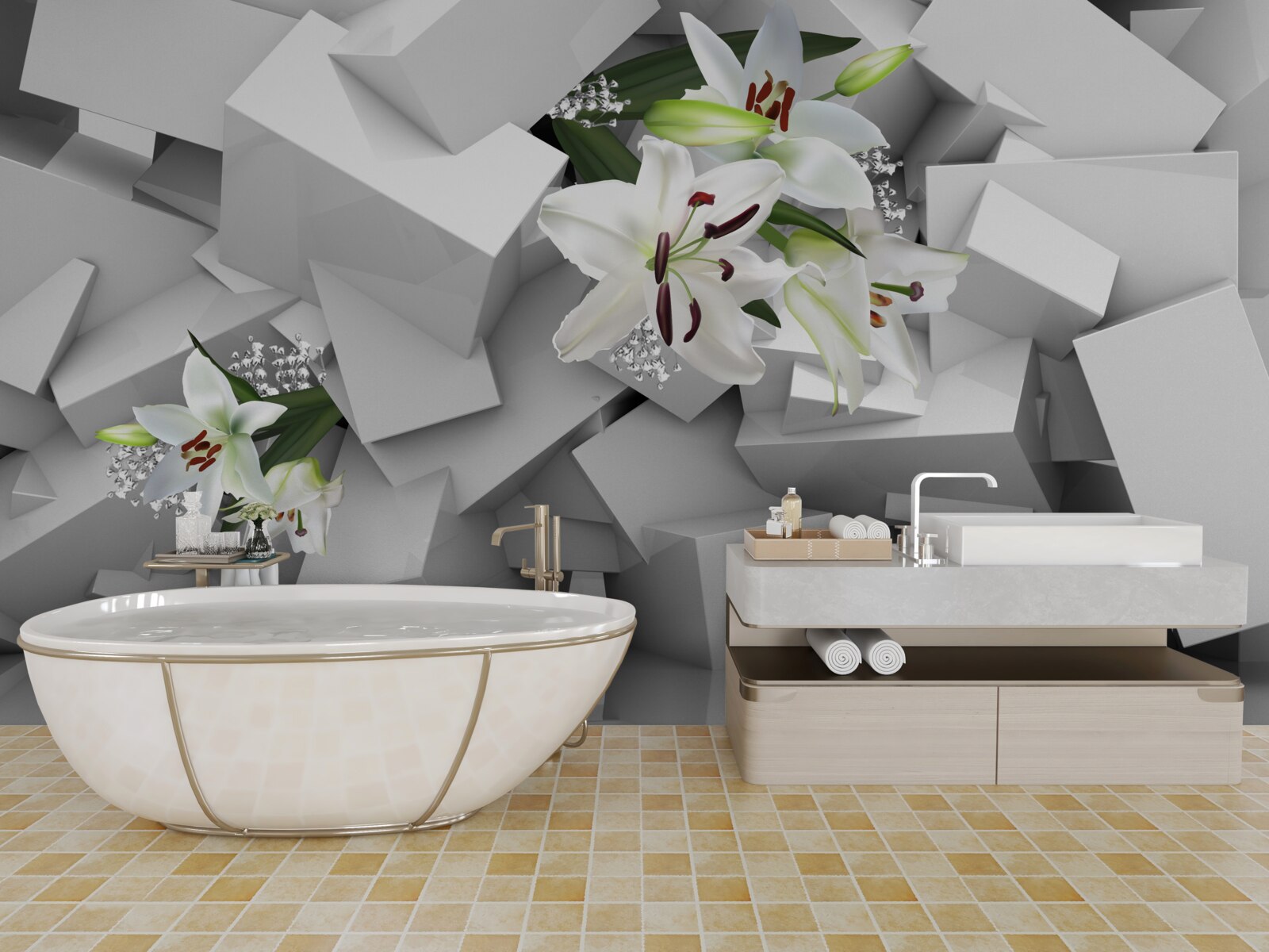 Fototapet fundal geometric decorat cu muguri de crin alb