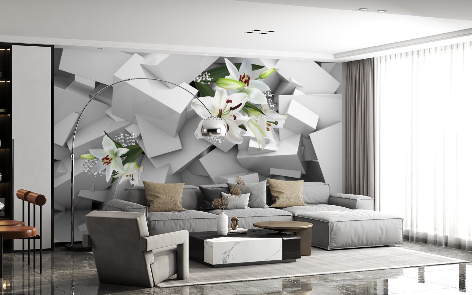 Fototapet fundal geometric decorat cu muguri de crin alb