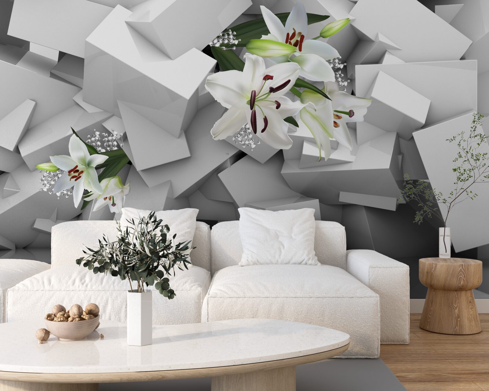 Fototapet fundal geometric decorat cu muguri de crin alb