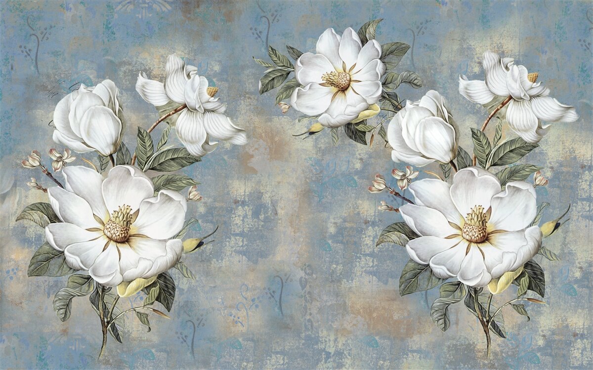 Fototapet Flori albe ca zăpada pe un perete de beton vopsit